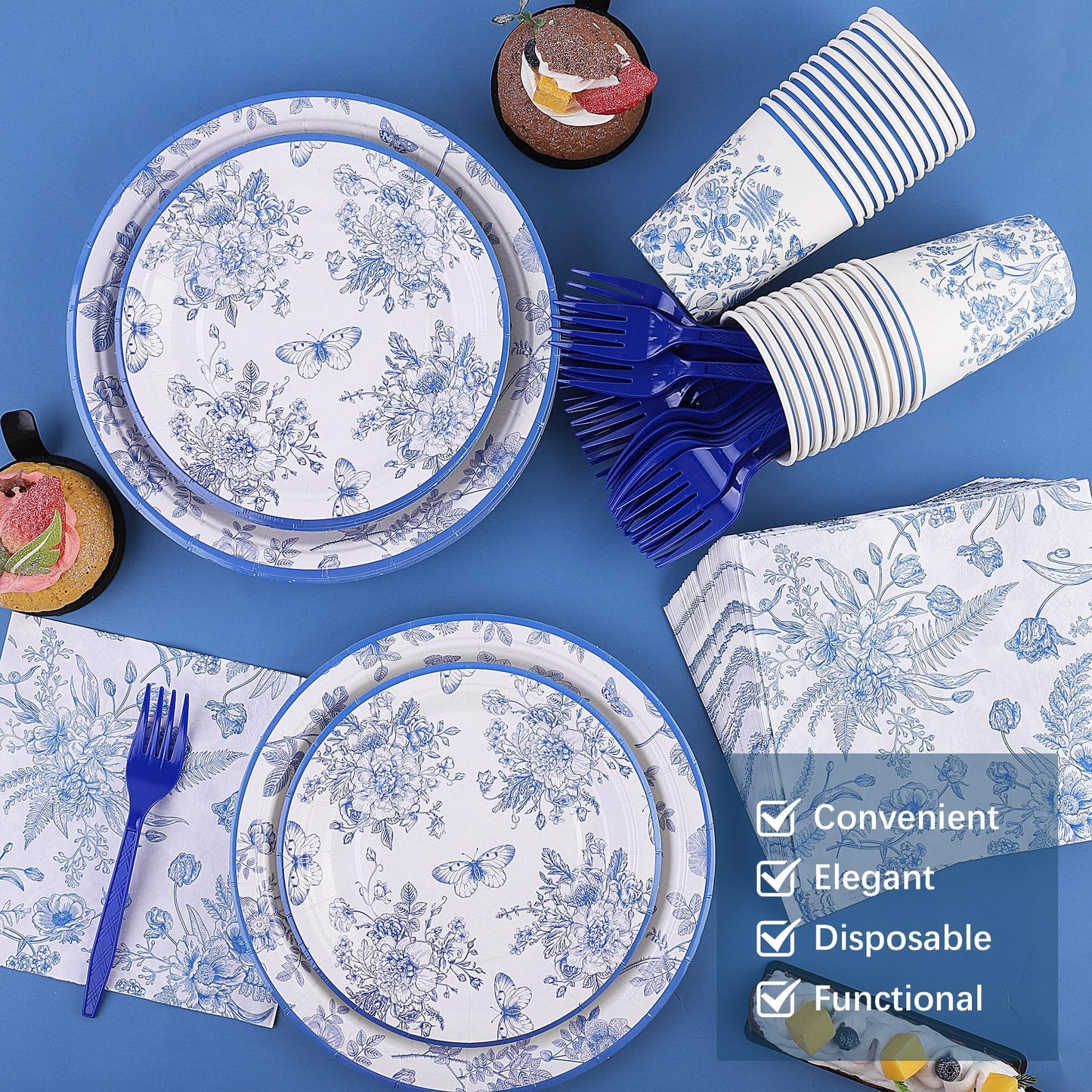 durony 144 Pieces Blue and White Flower Disposable Tableware Set 9