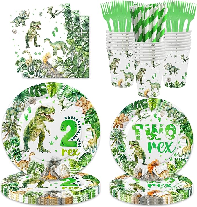 206 Pcs Dinosaur 2nd Birthday Party Supplies Green Dino Two Rex
