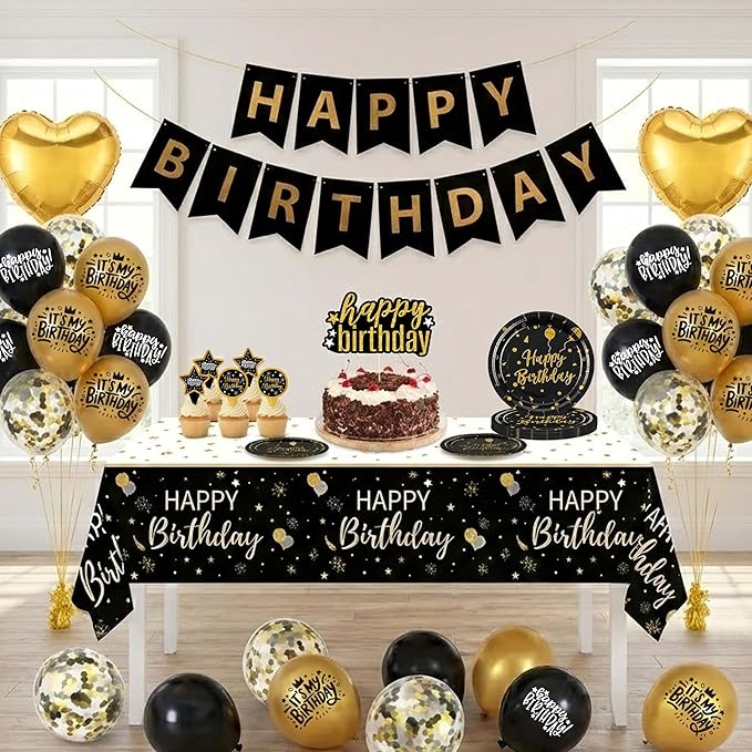 Black and Gold Birthday Decorations Party Supplies Kit with
