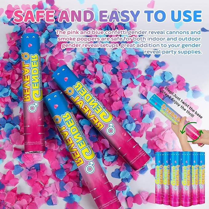 Gender Reveal Confetti Cannons 6 Pack 3 Blue & 3 Pink Baby Gender