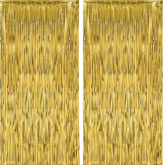 Voircoloria 2 Pack Gold Foil Fringe Backdrop Curtains, Tinsel