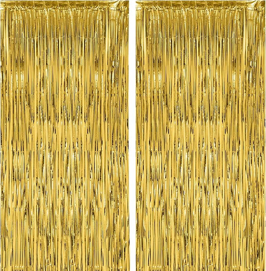 Voircoloria 2 Pack Gold Foil Fringe Backdrop Curtains, Tinsel
