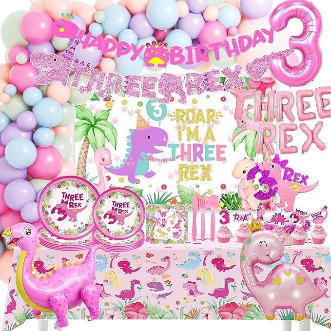 Pink Dinosaur Party Supplies For Girls 3rd Birthday Decorations