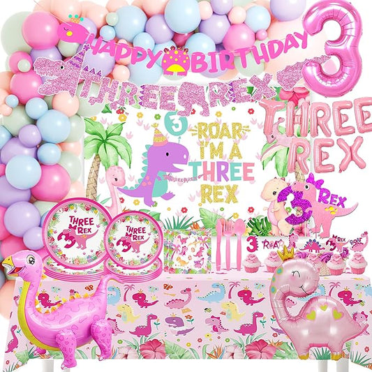 Pink Dinosaur Party Supplies For Girls 3rd Birthday Decorations