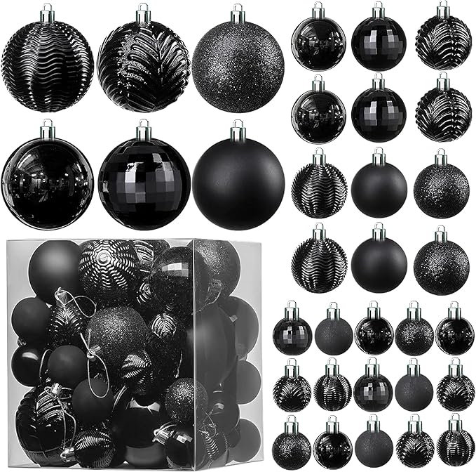 PREXTEX 36 Piece Christmas Ornaments Set - Black Shatterproof Balls