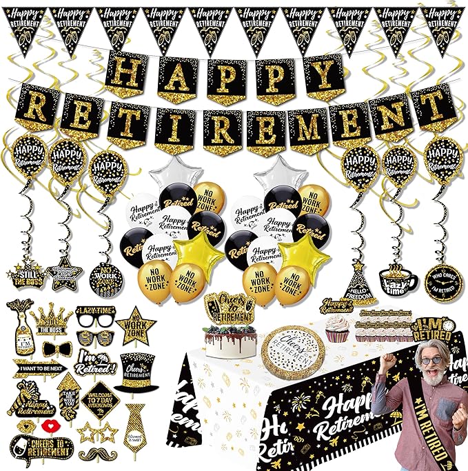 Happy Retirement Party Decorations supplies 80pack black gold party