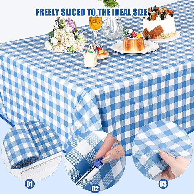 Kochorie 54 Inch x 300 Ft Light Blue Checkered Plastic Table Cloth