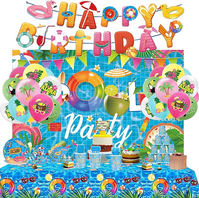 117Pcs Summer Pool Themed Happy Birthday Party Decorations Plates