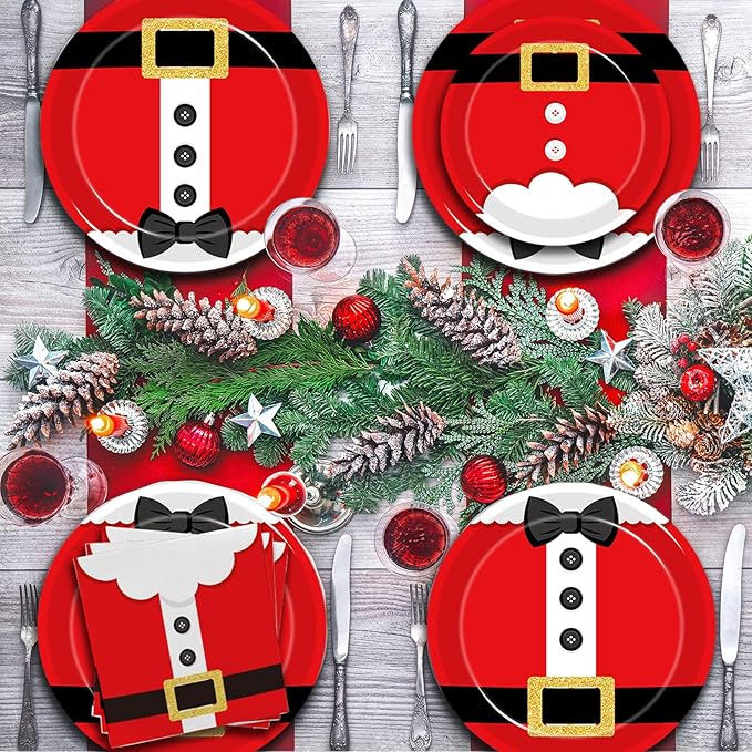 96 Pcs Santa Christmas Paper Plates Santa Claus Suit Disposable