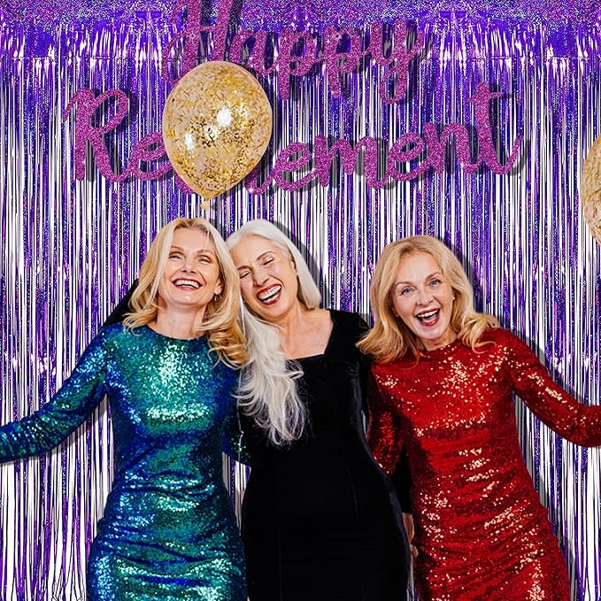 BRAVESHINE Purple Tinsel Foil Fringe Curtains - 2Pcs 3.2x8.2ft Party