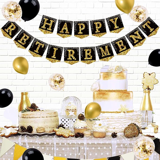 Happy Retirement Party Decorations Kit for Men Women Black Gold