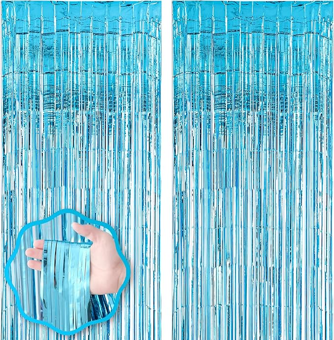 Voircoloria 2 Pack 3.3x8.2 Feet Light Blue Foil Fringe Backdrop