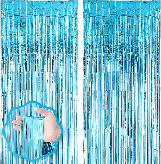 Voircoloria 2 Pack 3.3x8.2 Feet Light Blue Foil Fringe Backdrop