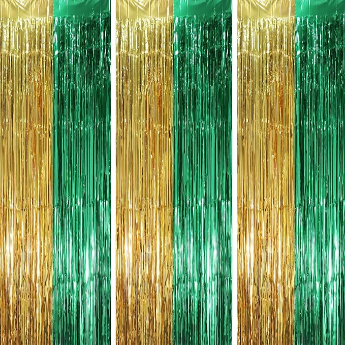 Voircoloria 3 Pack 3.3 x 8.2 ft Green and Gold Foil Fringe Backdrop