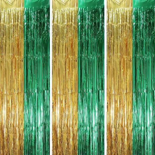 Voircoloria 3 Pack 3.3 x 8.2 ft Green and Gold Foil Fringe Backdrop
