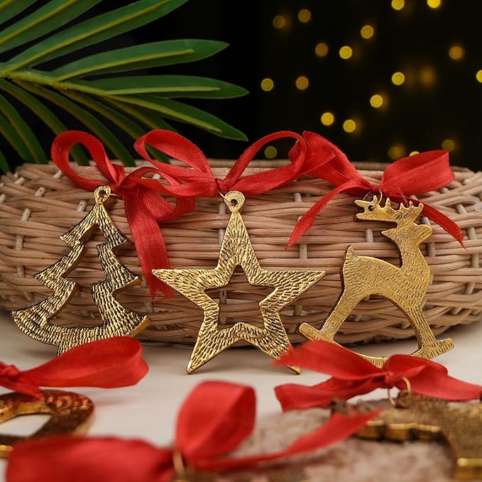 IndianShelf 12 Piece Golden Aluminum Christmas Tree Hanging Ornaments