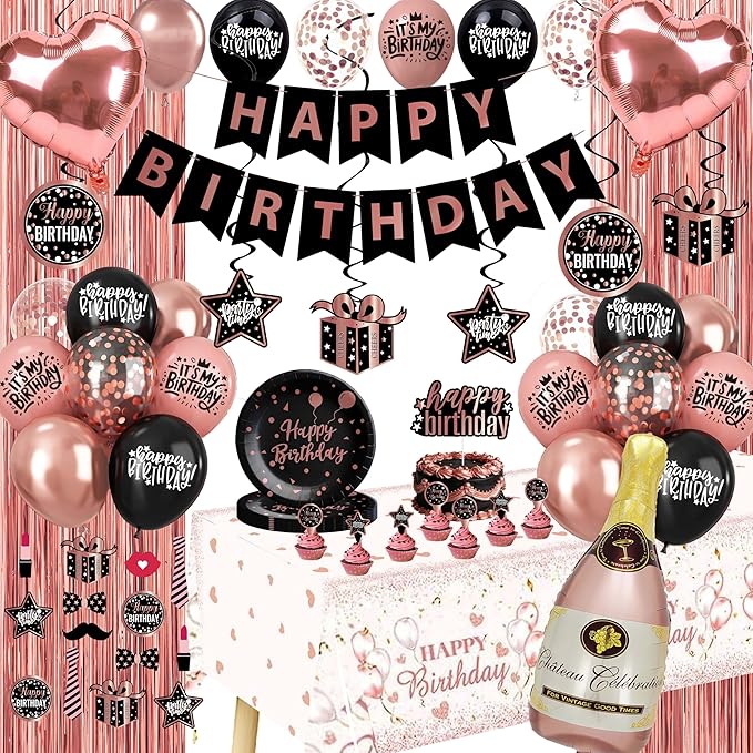 Rose Gold and Black Birthday Decorations Party Supplies Kit with