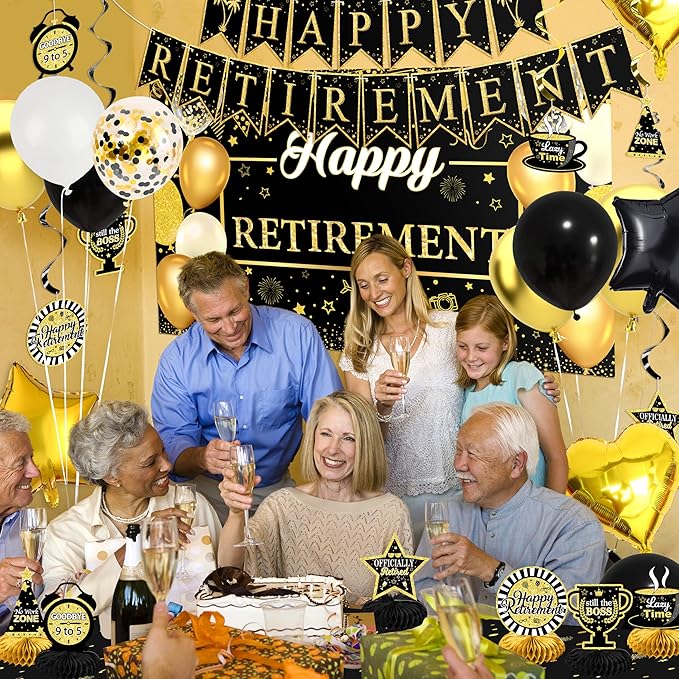 Retirement Party Decorations for Men Women 109Pcs Black Gold Happy