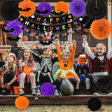 26PCS Halloween Party Decorations Purple Black Orange Paper Fans Set