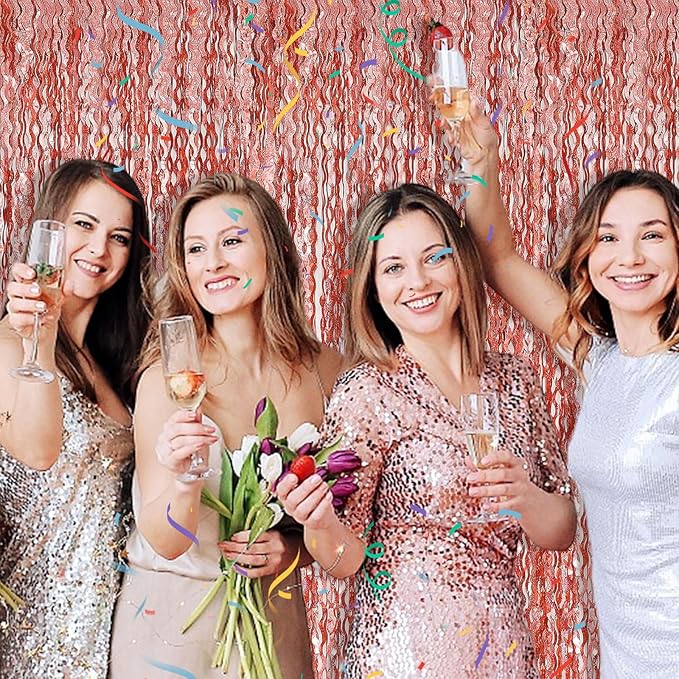 Rose Gold Tinsel Foil Fringe Curtains Wavy Backdrop for Parties Sparkl