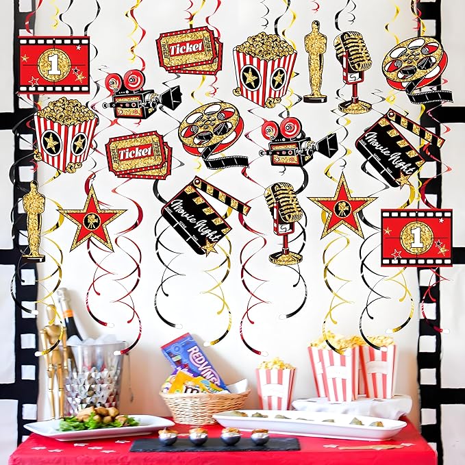 48CT Movie Night Hanging Swirls Decorations Red Gold and Black