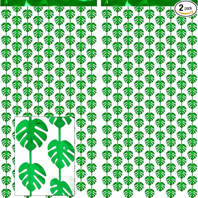2 Packs Jungle Leaf Foil Fringe Curtain, Green Glitter Tropical Palm