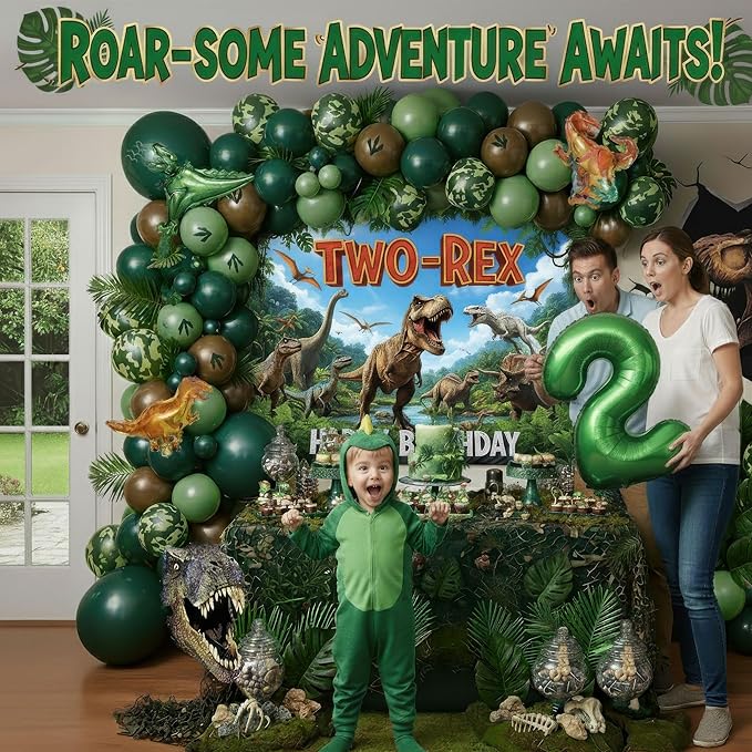 TWO Rex Dinosaur Birthday Decorations include Hunter Green Brown