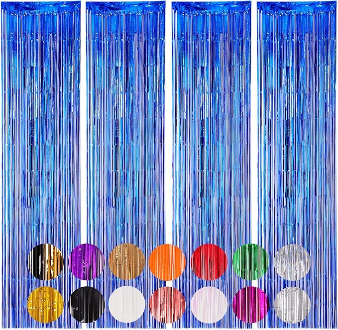 Voircoloria 4 Pack Blue Foil Fringe Backdrop Curtains, Tinsel