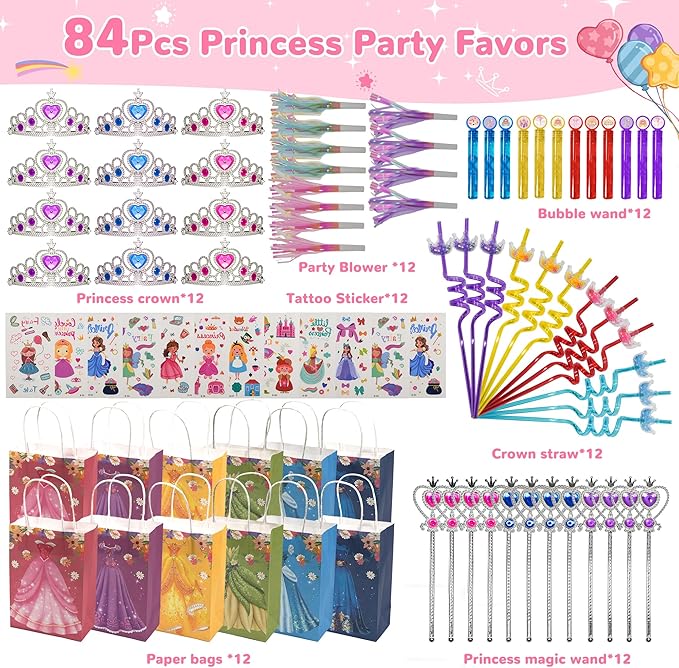 84pcs Princess Party Favors, Sweet Birthday Party Supplies Including