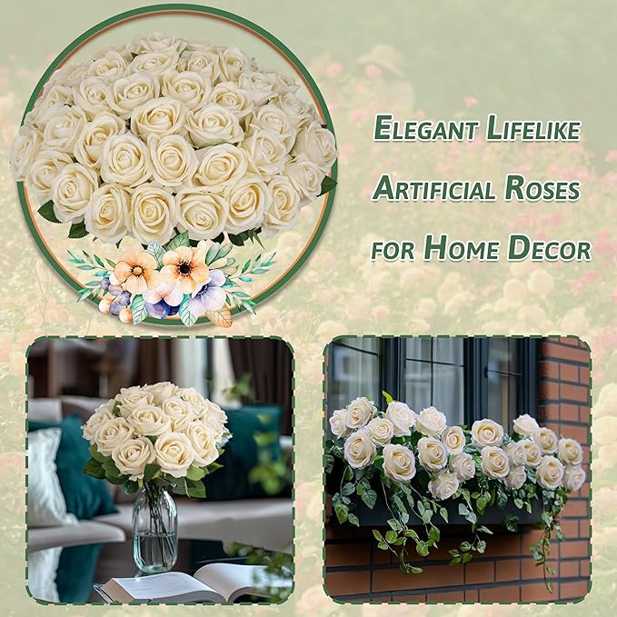 30 PCS Fake Champagne Roses, Artificial Flowers Bulk Realistic Silk