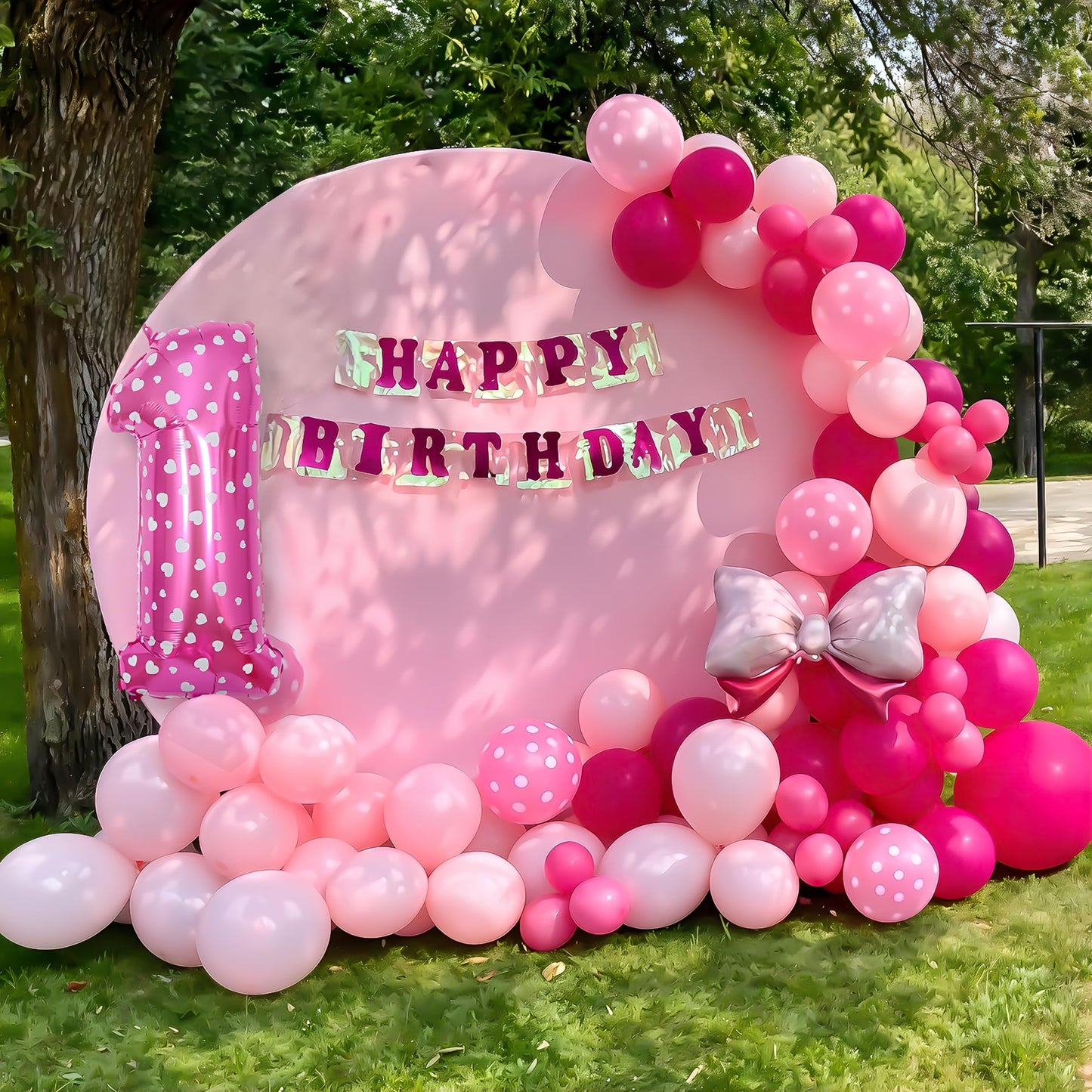 Pink 1st Birthday Balloons Decorations, Hot Pink Rose Polka Dots