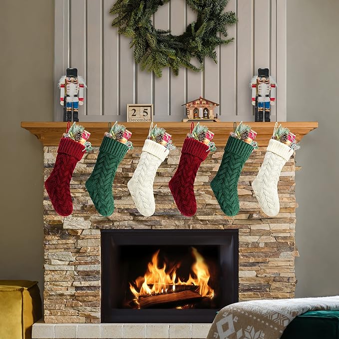 Christmas Stockings, 20 Inch Burgundy, Ivory, Green Cable Knit