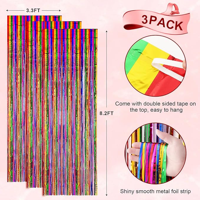 Voircoloria 3 Pack 3.3x8.2 Feet Rainbow Foil Fringe Backdrop