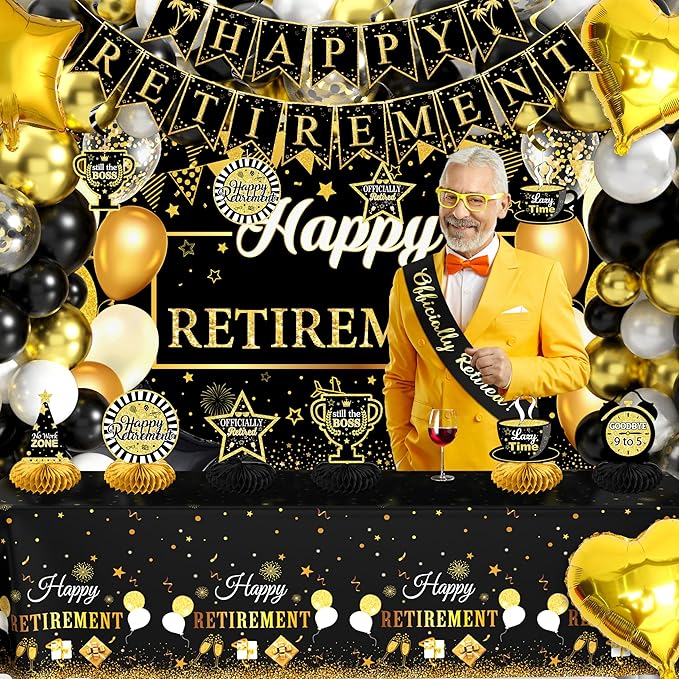 Retirement Party Decorations for Men Women 109Pcs Black Gold Happy
