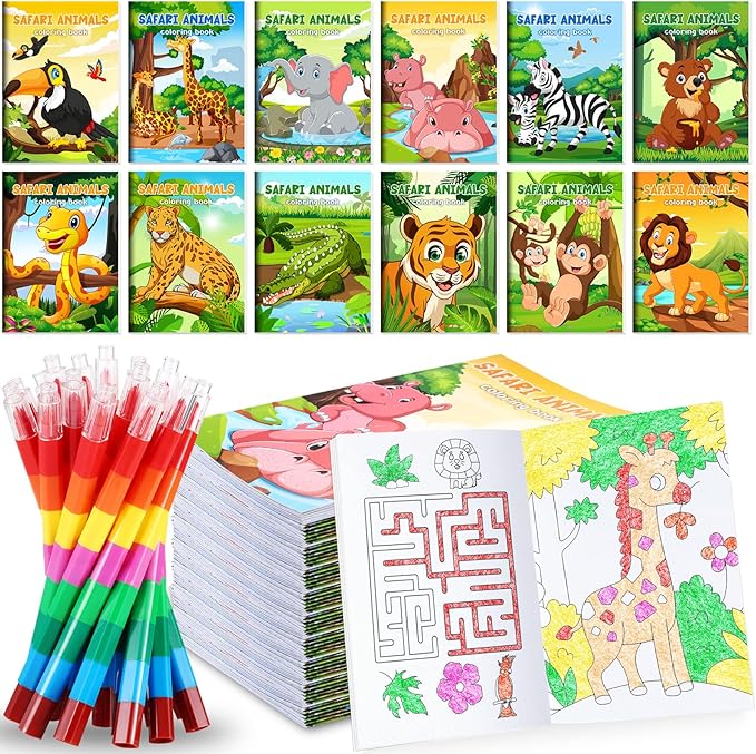 12 Jungle Safari Mini Coloring Books Kids with 12 Stacking Crayons