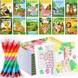 12 Jungle Safari Mini Coloring Books Kids with 12 Stacking Crayons