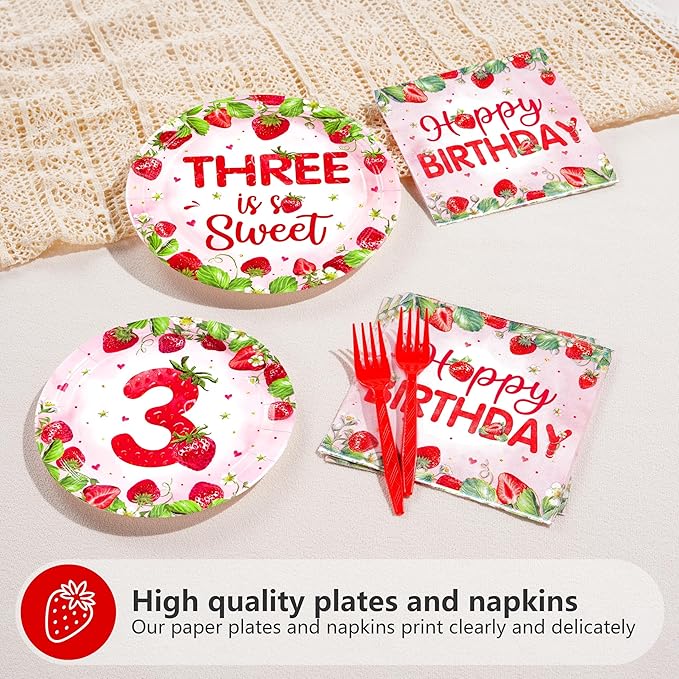 96Pcs Strawberry 3rd Birthday Party Supplies Three is So Sweet