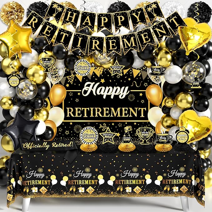 Retirement Party Decorations for Men Women 109Pcs Black Gold Happy