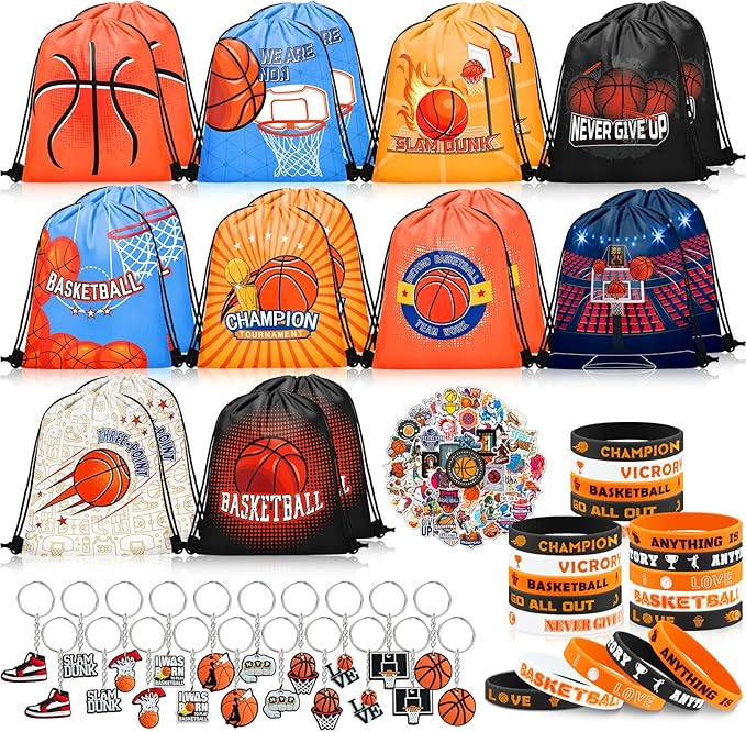 110 Pcs Basketball Party Favors Drawstring Backpack with Keychains