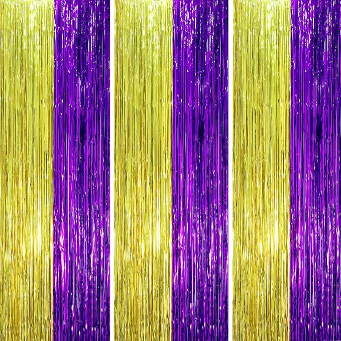 Voircoloria 3 Pack 3.3 x 8.2 ft Purple and Gold Foil Fringe Backdrop