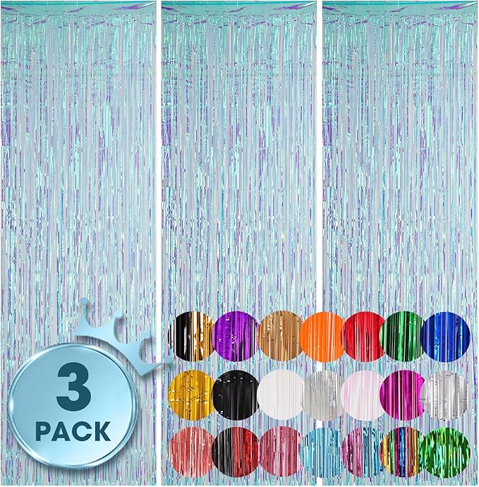 Voircoloria 3 Pack 3.3x8.2 Feet Neon Iridescent Foil Fringe Backdrop