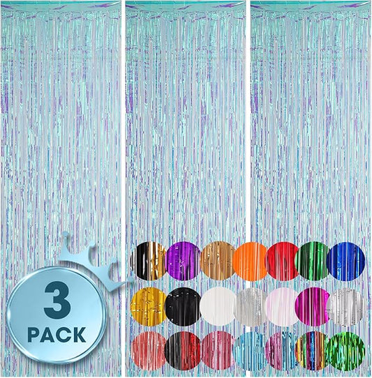 Voircoloria 3 Pack 3.3x8.2 Feet Neon Iridescent Foil Fringe Backdrop