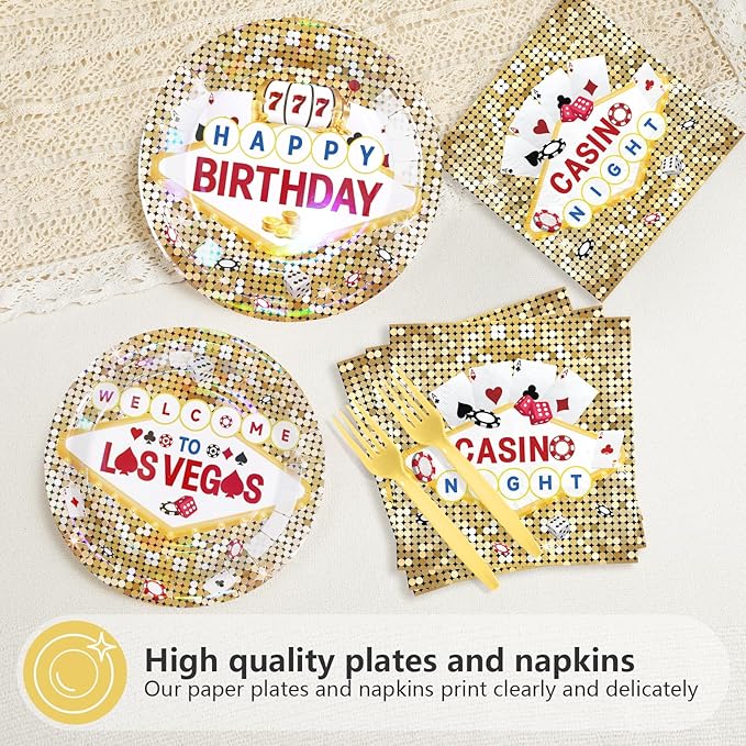 96Pcs Casino Theme Birthday Party Decorations Gold Glitter Plates
