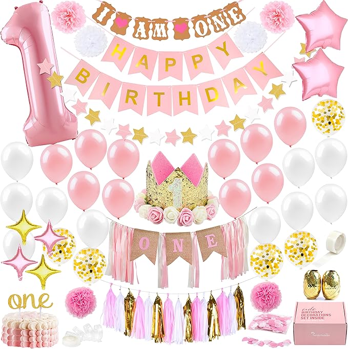 1st Birthday Girl Decorations WITH Birthday Crown Baby First
