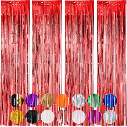 Voircoloria 4 Pack Red Foil Fringe Backdrop Curtains, Tinsel