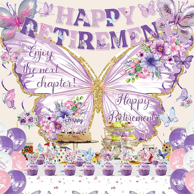 Butterfly Retirement Decorations Purple Happy Retirement Banner