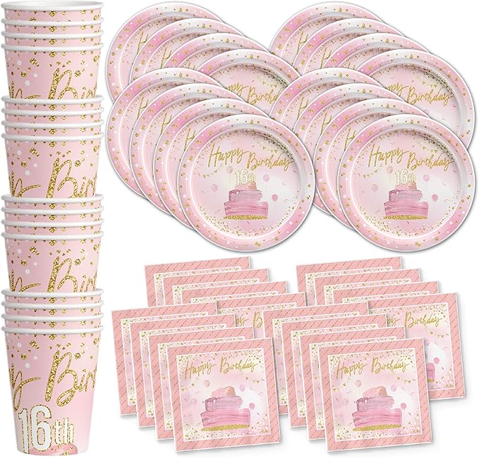 Sweet 16 Pink and Gold Birthday Party Supplies Set Plates Napkins