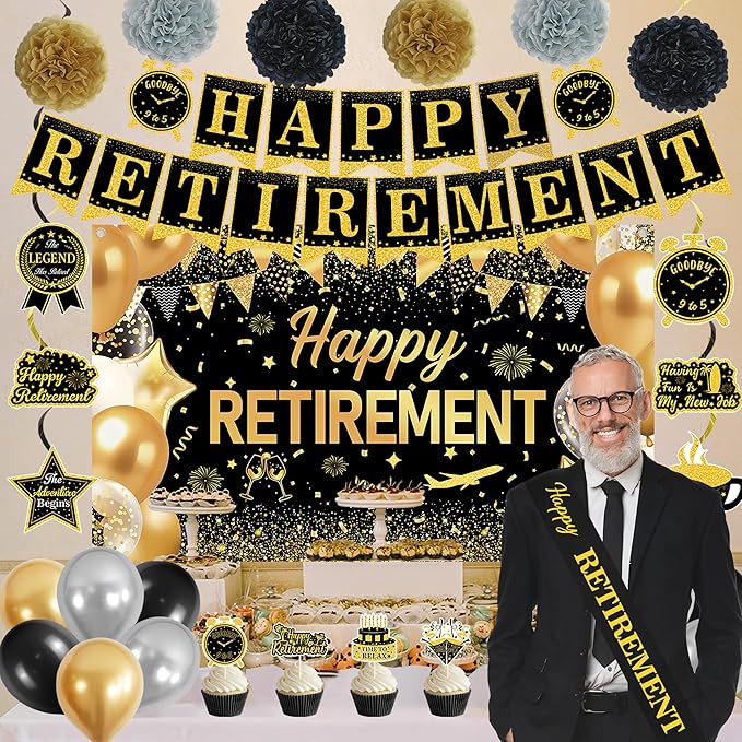 Black Gold Retirement Party Decorations Happy Retirement Banner