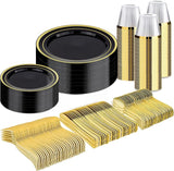 BESTVIP 300PCS Black Gold Dinnerware Set for 50 Guests, Plastic