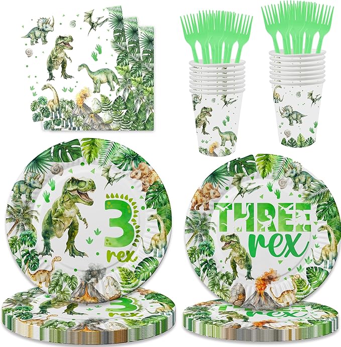 208 Pcs Dinosaur 3rd Birthday Party Supplies, Green Dino Three Rex